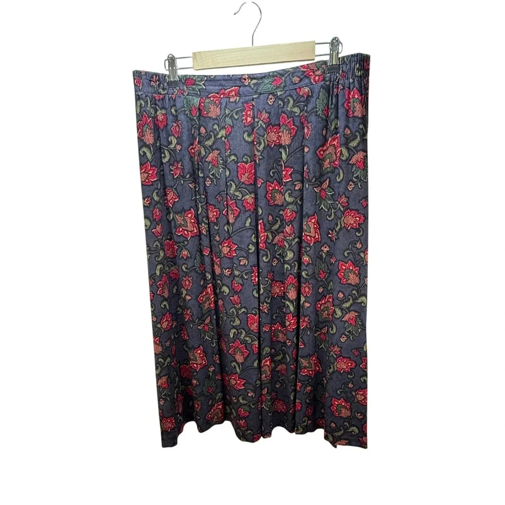 Vintage Panther Midi Skirt 22W USA Made Black Red Floral Elastic Waist 90's